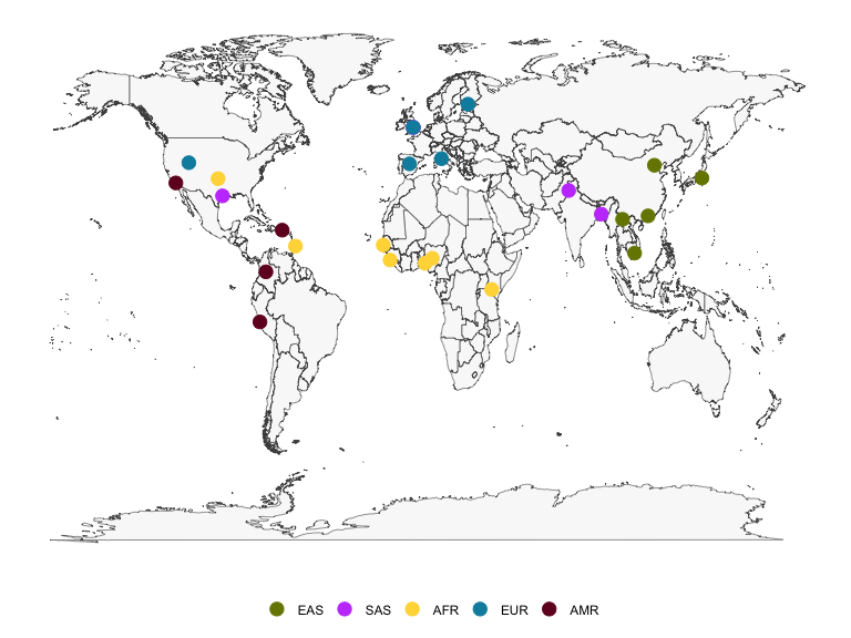Map showing locations of the 1000 Genomes Phase 3 populations.
