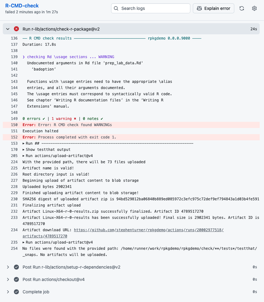 Details on the package check GitHub action